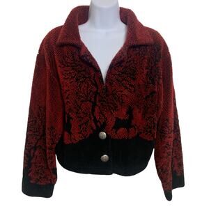 Vintage Pine Cone Designs 2 Button Deer Print Sherpa Jacket Womens Size M